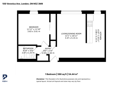 Floor plan for 1 bed, 1 bath, 514 sqft